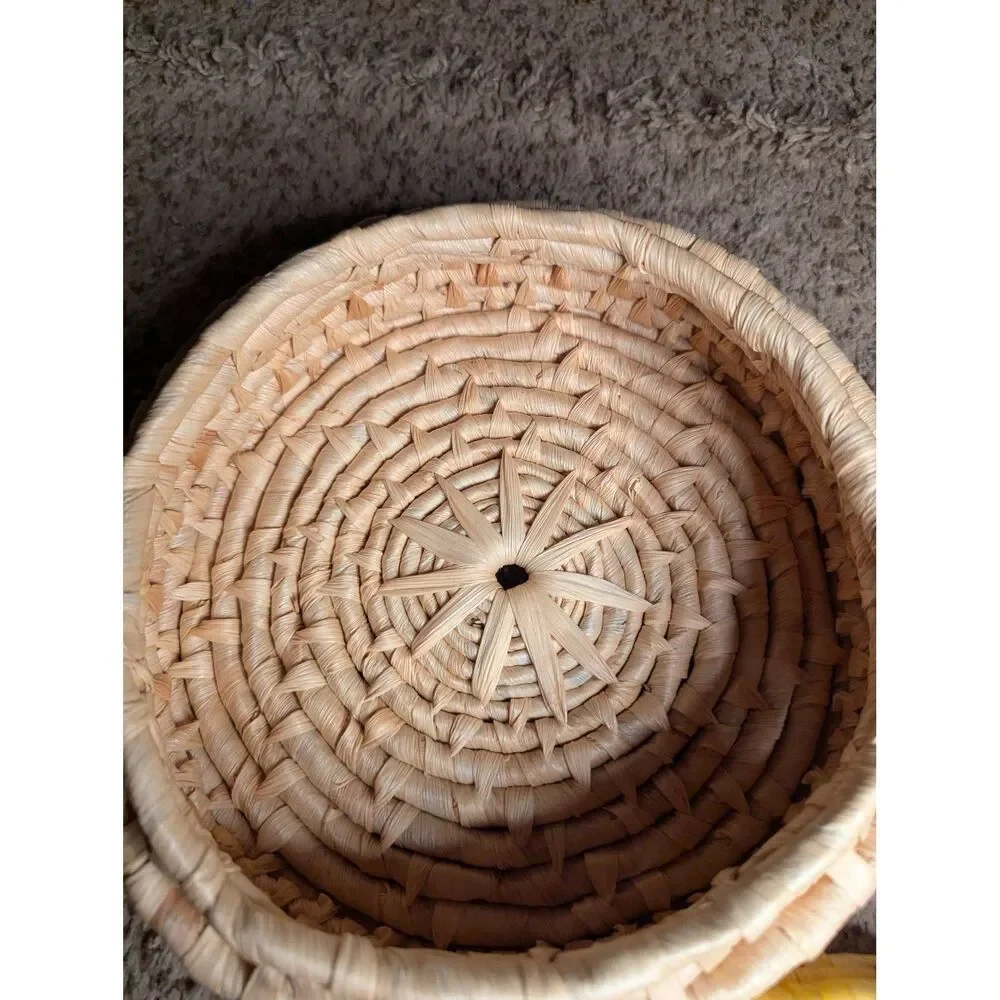 Handwoven Boho Straw Basket with Lid Colorful Raffia Wooden Ring Handle